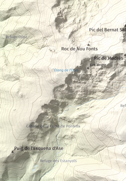 Mapa de relieve de Puig de la Pelada, 2370 m, Conflent, lámina 100 Cims de Trobart. Detalle de la zona superior izquierda. 21 × 30 cm.