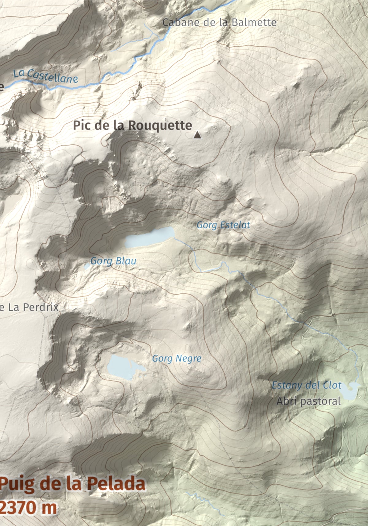Mapa de relieve de Puig de la Pelada, 2370 m, Conflent, lámina 100 Cims de Trobart. Detalle de la zona superior derecha. 21 × 30 cm.
