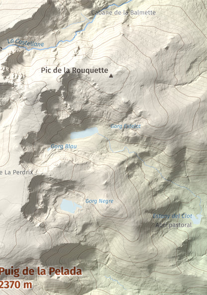 Mapa de relieve de Puig de la Pelada, 2370 m, Conflent, lámina 100 Cims de Trobart. Detalle de la zona superior derecha. 21 × 30 cm.