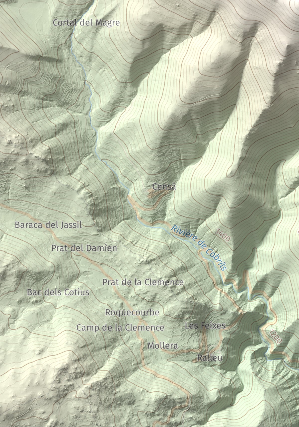 Mapa de relieve de Puig de la Pelada, 2370 m, Conflent, lámina 100 Cims de Trobart. Detalle de la zona inferior izquierda. 21 × 30 cm.