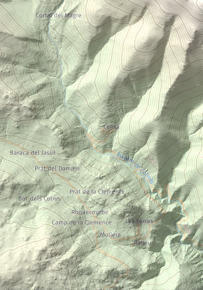 Mapa de relieve de Puig de la Pelada, 2370 m, Conflent, lámina 100 Cims de Trobart. Detalle de la zona inferior izquierda. 21 × 30 cm.