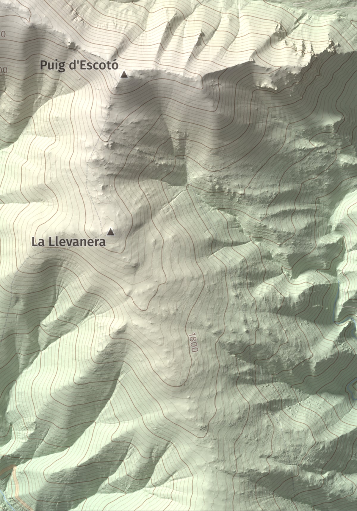 Mapa de relieve de Puig de la Pelada, 2370 m, Conflent, lámina 100 Cims de Trobart. Detalle de la zona inferior derecha. 21 × 30 cm.