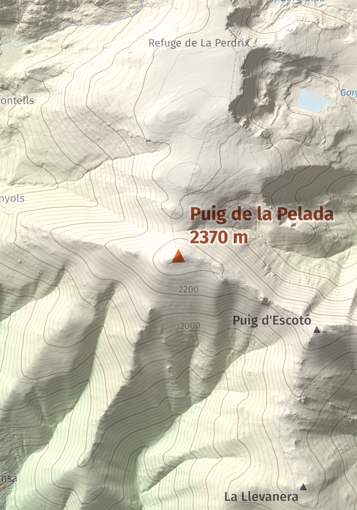 Mapa de relieve de Puig de la Pelada, 2370 m, Conflent, lámina 100 Cims de Trobart. Detalle de la zona central. 21 × 30 cm.