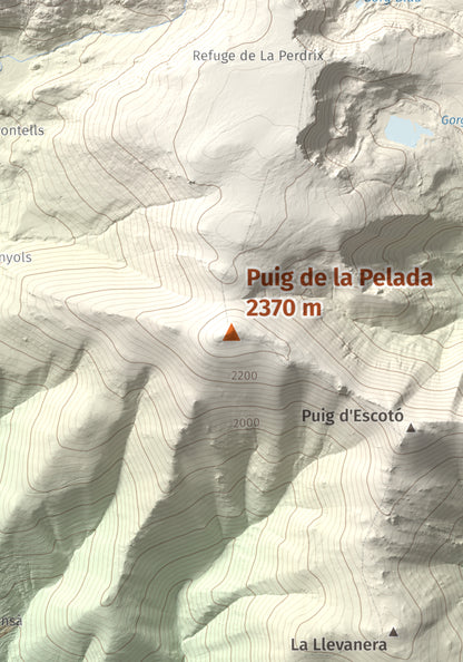 Mapa de relieve de Puig de la Pelada, 2370 m, Conflent, lámina 100 Cims de Trobart. Detalle de la zona central. 21 × 30 cm.