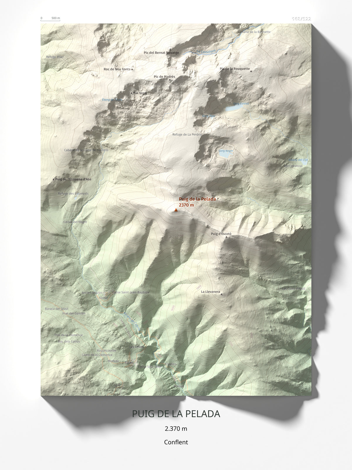 Mapa de relieve de Puig de la Pelada, 2370 m, Conflent, lámina 100 Cims de Trobart 30 × 40 cm.