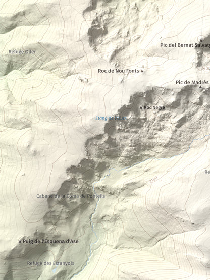Mapa de relieve de Puig de la Pelada, 2370 m, Conflent, lámina 100 Cims de Trobart. Detalle de la zona superior izquierda. 30 × 40 cm.