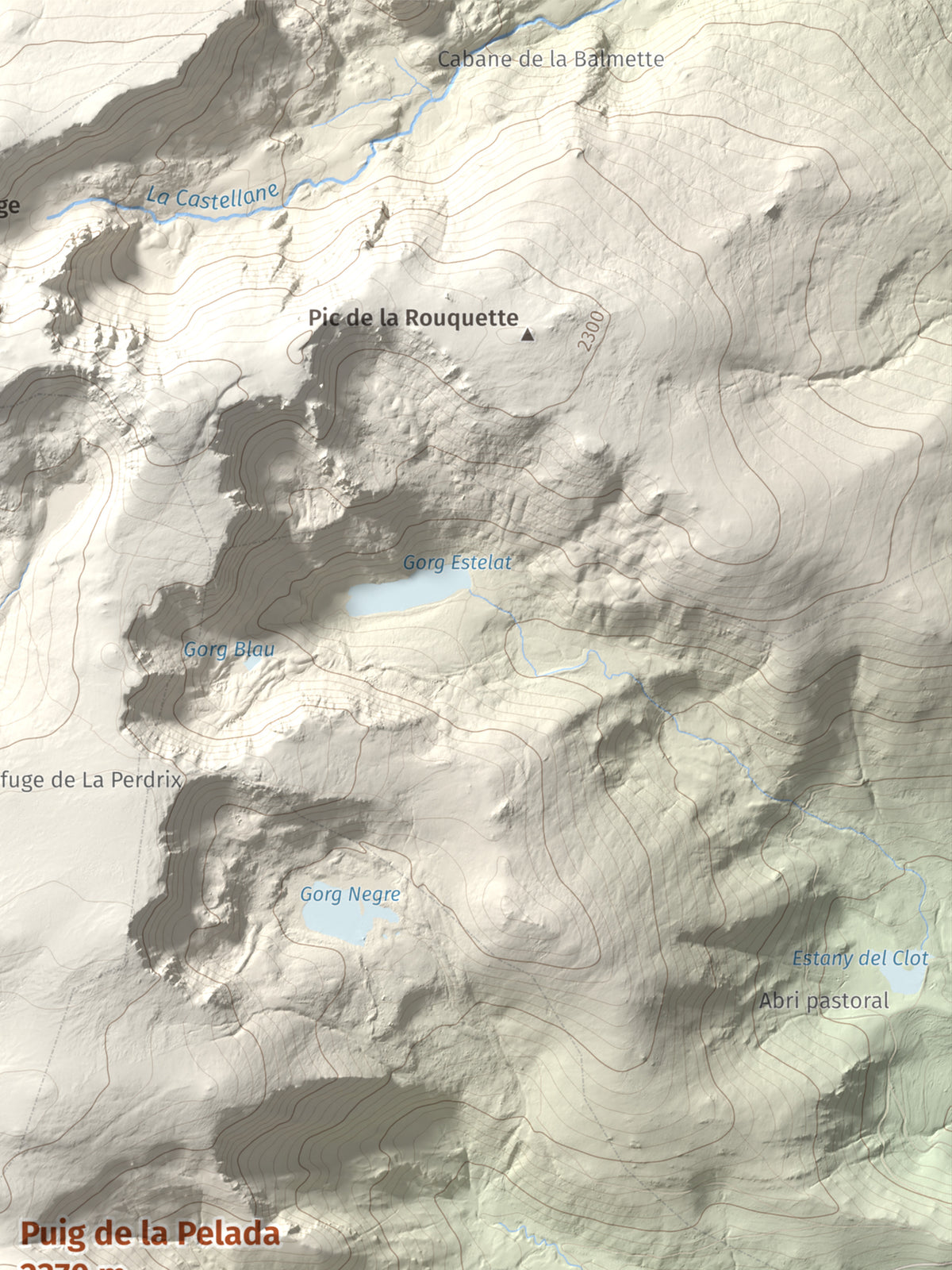 Mapa de relieve de Puig de la Pelada, 2370 m, Conflent, lámina 100 Cims de Trobart. Detalle de la zona superior derecha. 30 × 40 cm.