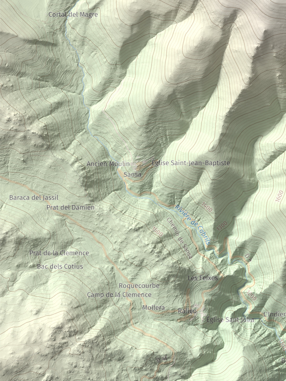 Mapa de relieve de Puig de la Pelada, 2370 m, Conflent, lámina 100 Cims de Trobart. Detalle de la zona inferior izquierda. 30 × 40 cm.