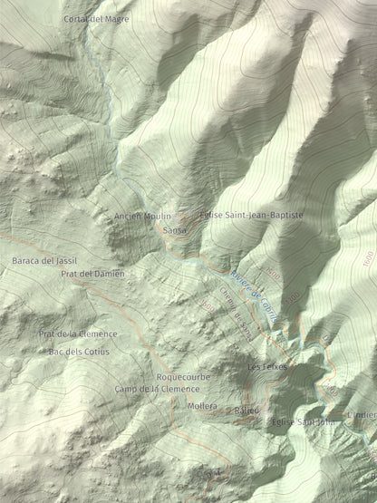 Mapa de relieve de Puig de la Pelada, 2370 m, Conflent, lámina 100 Cims de Trobart. Detalle de la zona inferior izquierda. 30 × 40 cm.