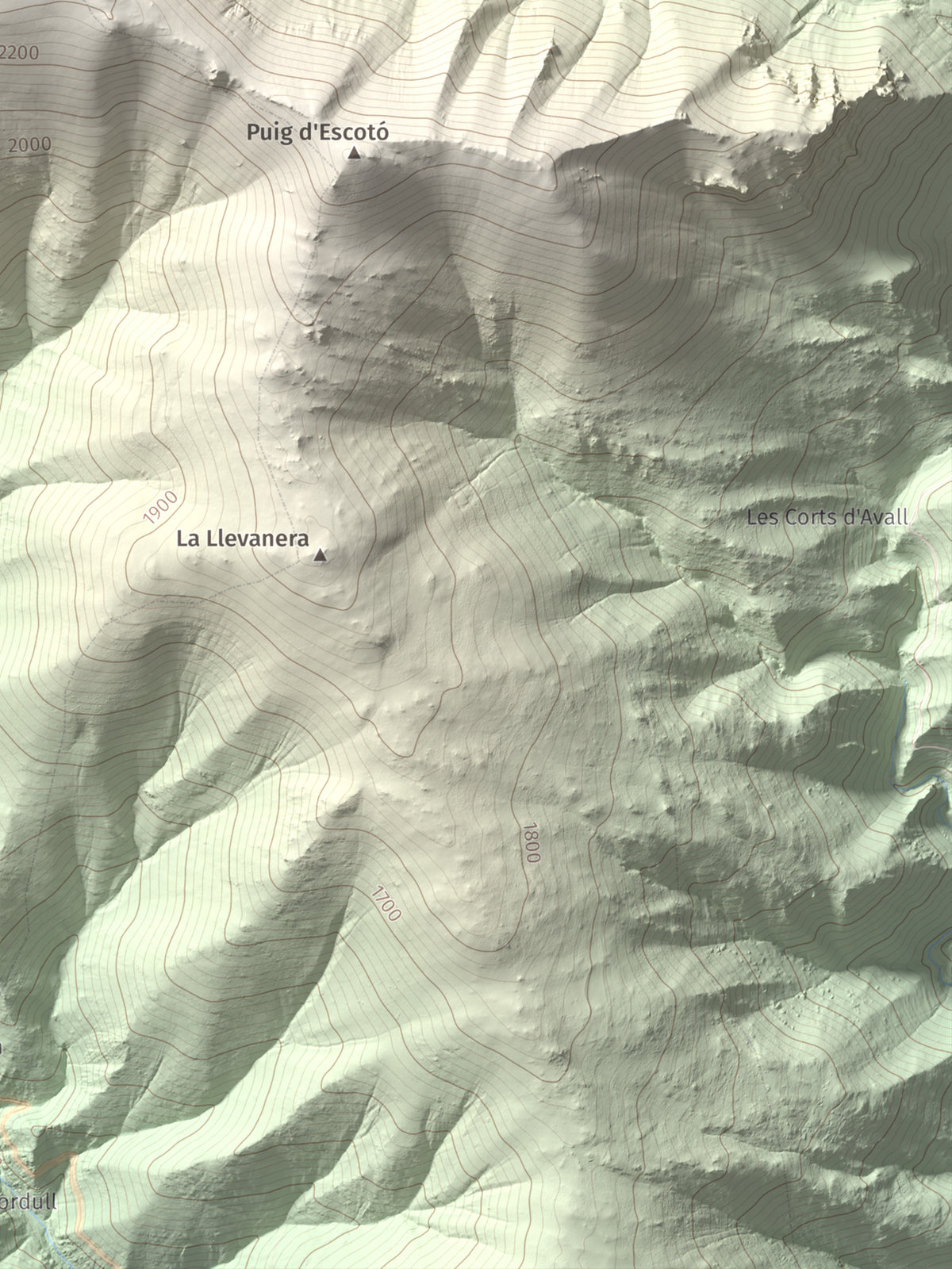 Mapa de relieve de Puig de la Pelada, 2370 m, Conflent, lámina 100 Cims de Trobart. Detalle de la zona inferior derecha. 30 × 40 cm.