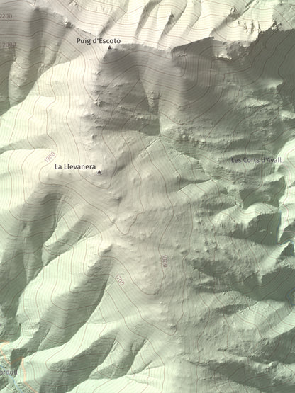 Mapa de relieve de Puig de la Pelada, 2370 m, Conflent, lámina 100 Cims de Trobart. Detalle de la zona inferior derecha. 30 × 40 cm.