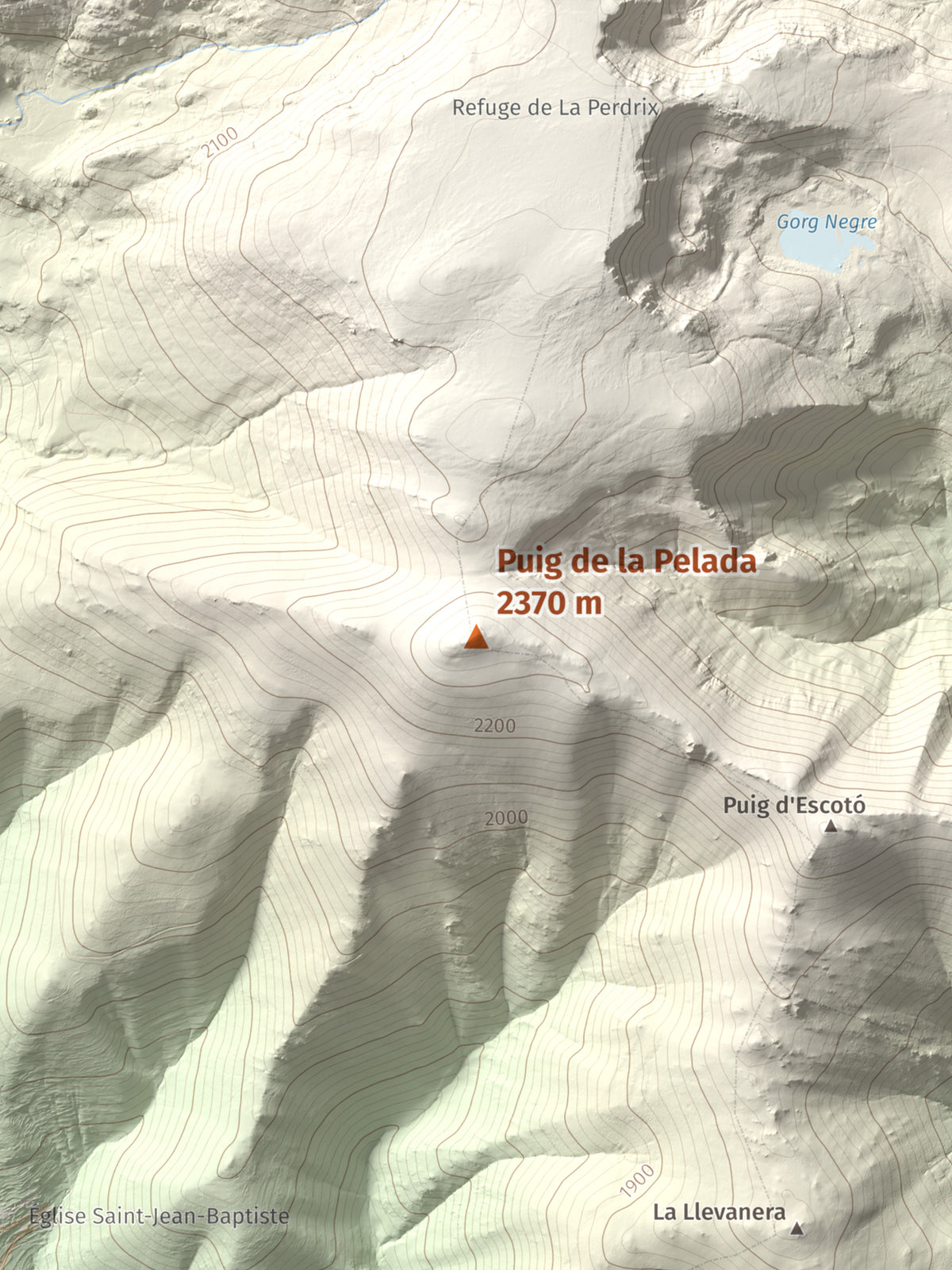 Mapa de relieve de Puig de la Pelada, 2370 m, Conflent, lámina 100 Cims de Trobart. Detalle de la zona central. 30 × 40 cm.