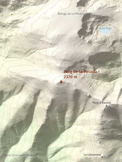 Mapa de relieve de Puig de la Pelada, 2370 m, Conflent, lámina 100 Cims de Trobart. Detalle de la zona central. 30 × 40 cm.
