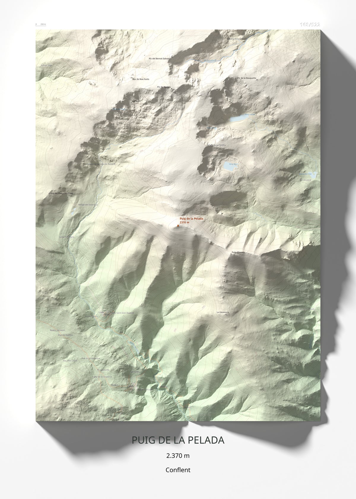 Mapa de relieve de Puig de la Pelada, 2370 m, Conflent, lámina 100 Cims de Trobart 50 × 70 cm.