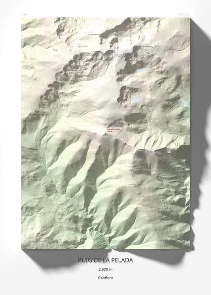 Mapa de relieve de Puig de la Pelada, 2370 m, Conflent, lámina 100 Cims de Trobart 50 × 70 cm.