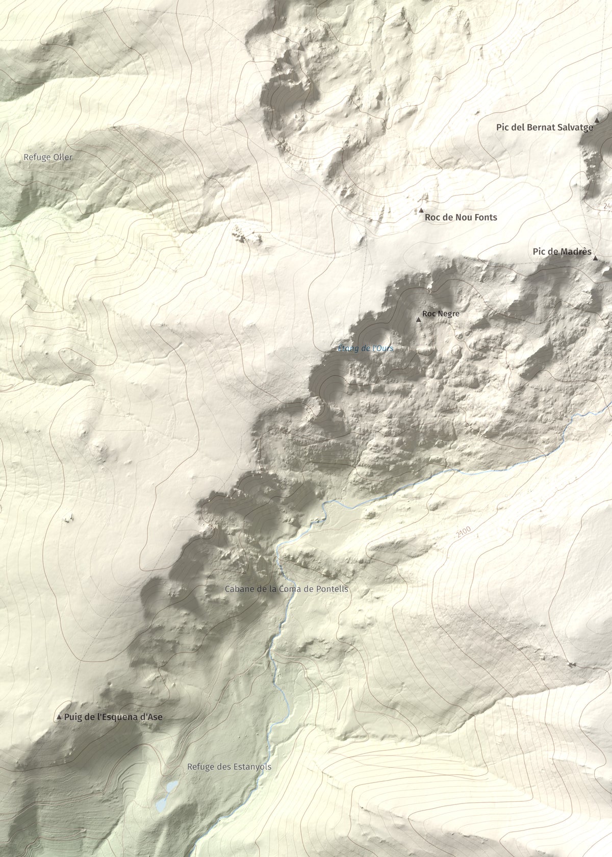 Mapa de relieve de Puig de la Pelada, 2370 m, Conflent, lámina 100 Cims de Trobart. Detalle de la zona superior izquierda. 50 × 70 cm.