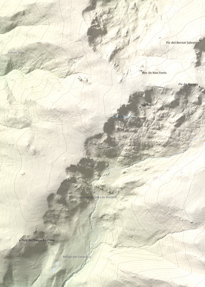 Mapa de relieve de Puig de la Pelada, 2370 m, Conflent, lámina 100 Cims de Trobart. Detalle de la zona superior izquierda. 50 × 70 cm.
