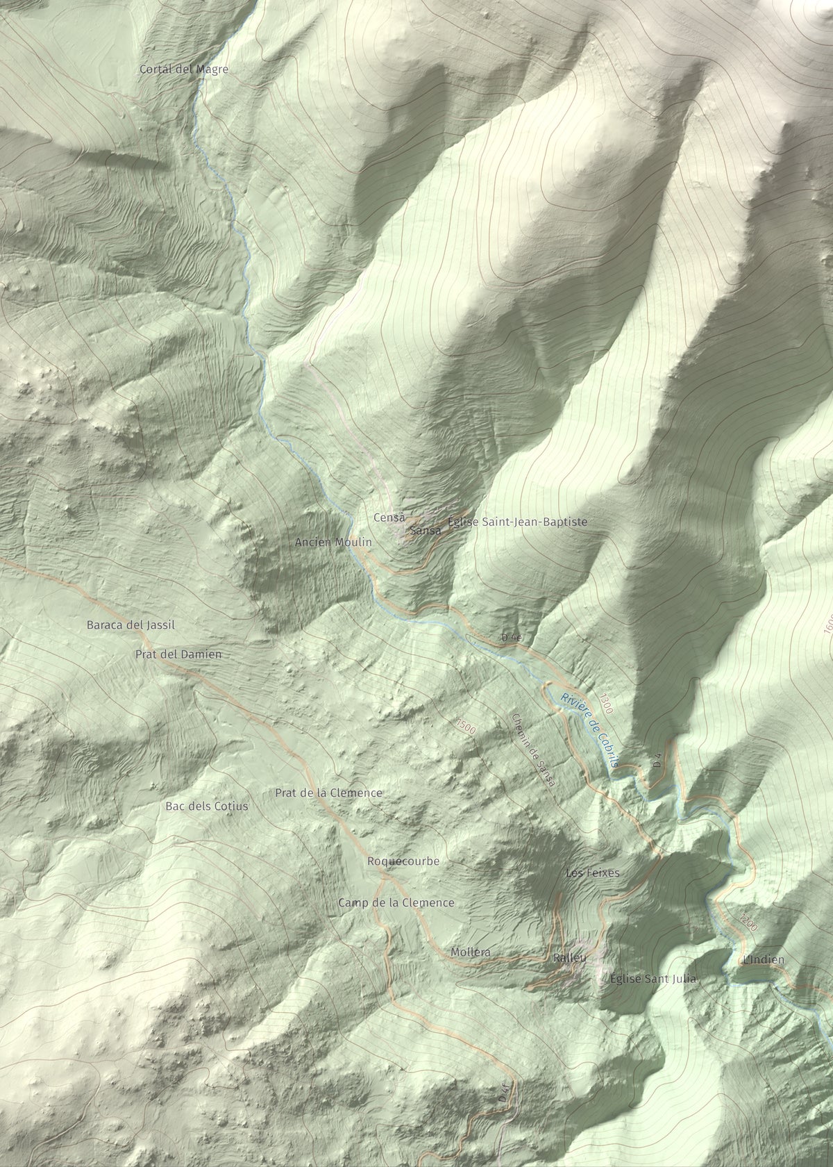 Mapa de relieve de Puig de la Pelada, 2370 m, Conflent, lámina 100 Cims de Trobart. Detalle de la zona inferior izquierda. 50 × 70 cm.