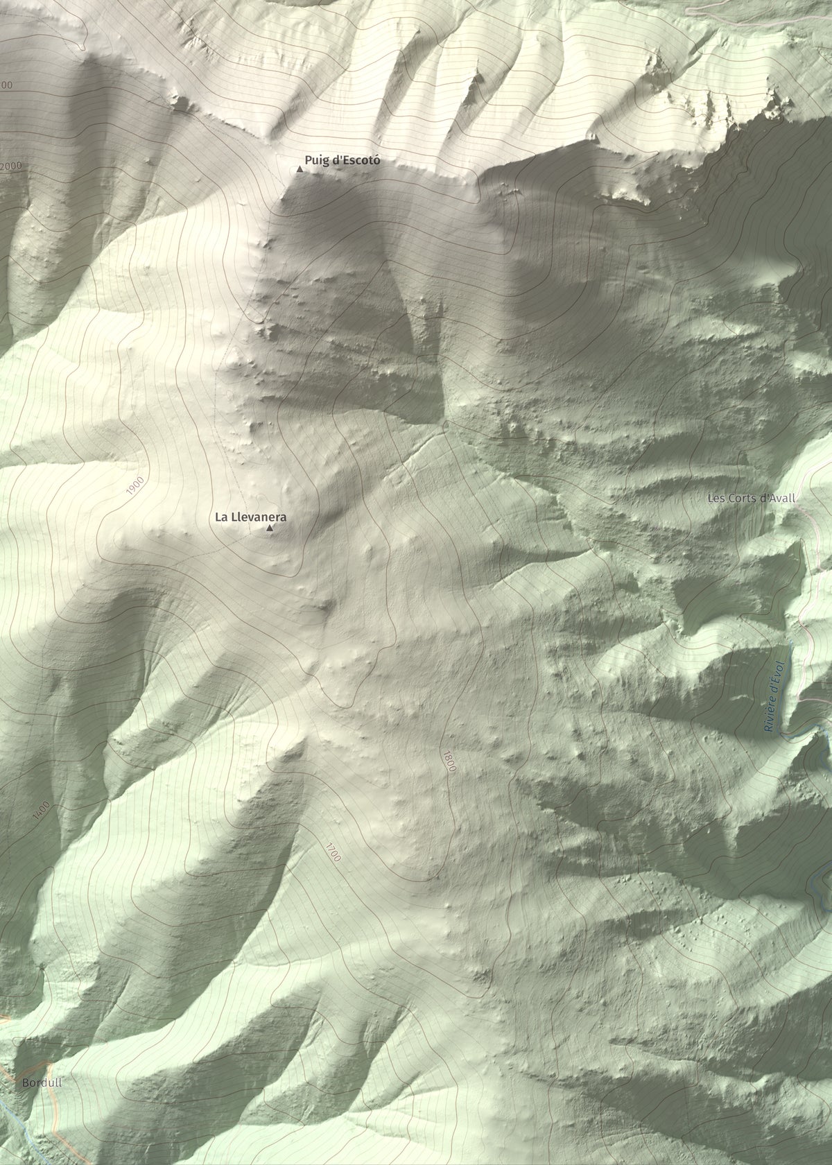Mapa de relieve de Puig de la Pelada, 2370 m, Conflent, lámina 100 Cims de Trobart. Detalle de la zona inferior derecha. 50 × 70 cm.