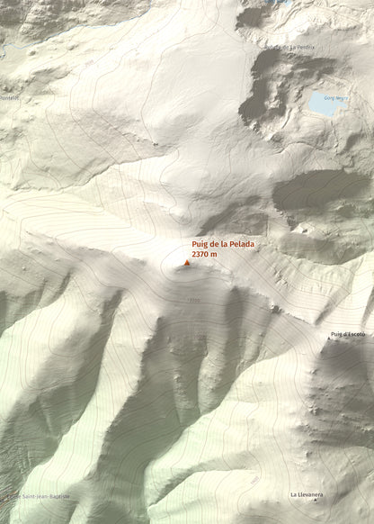 Mapa de relieve de Puig de la Pelada, 2370 m, Conflent, lámina 100 Cims de Trobart. Detalle de la zona central. 50 × 70 cm.