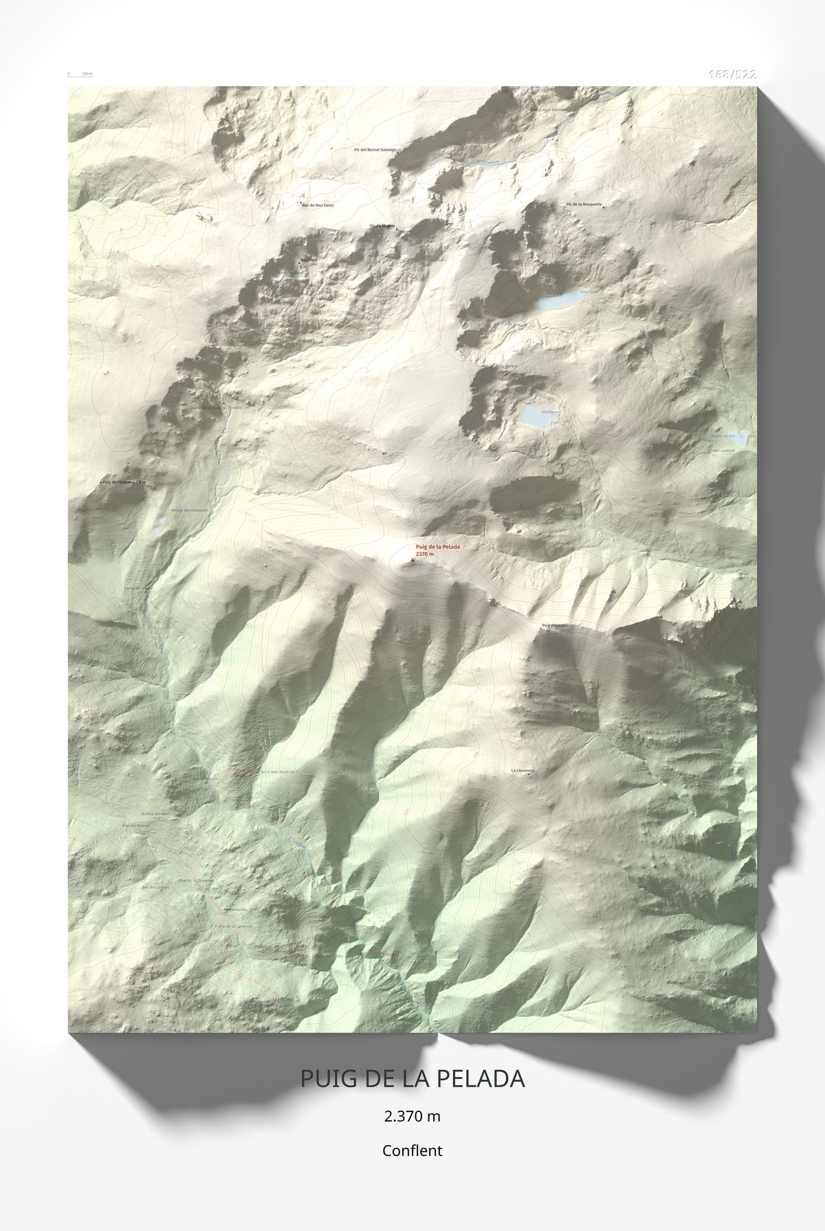 Mapa de relieve de Puig de la Pelada, 2370 m, Conflent, lámina 100 Cims de Trobart 61 × 91 cm.