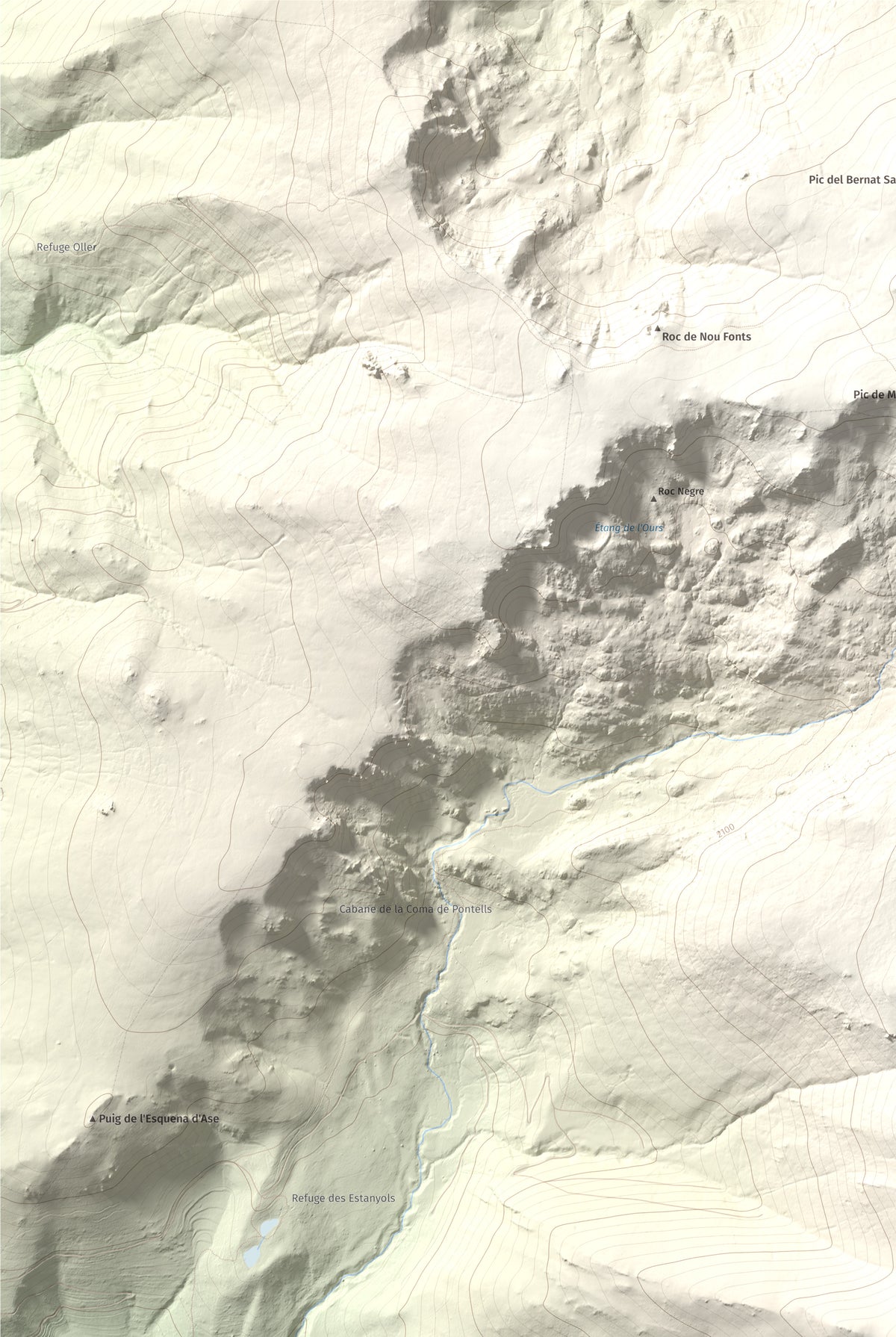 Mapa de relieve de Puig de la Pelada, 2370 m, Conflent, lámina 100 Cims de Trobart. Detalle de la zona superior izquierda. 61 × 91 cm.