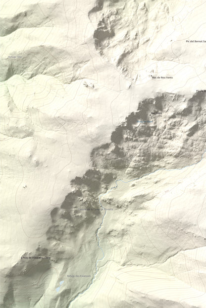 Mapa de relieve de Puig de la Pelada, 2370 m, Conflent, lámina 100 Cims de Trobart. Detalle de la zona superior izquierda. 61 × 91 cm.
