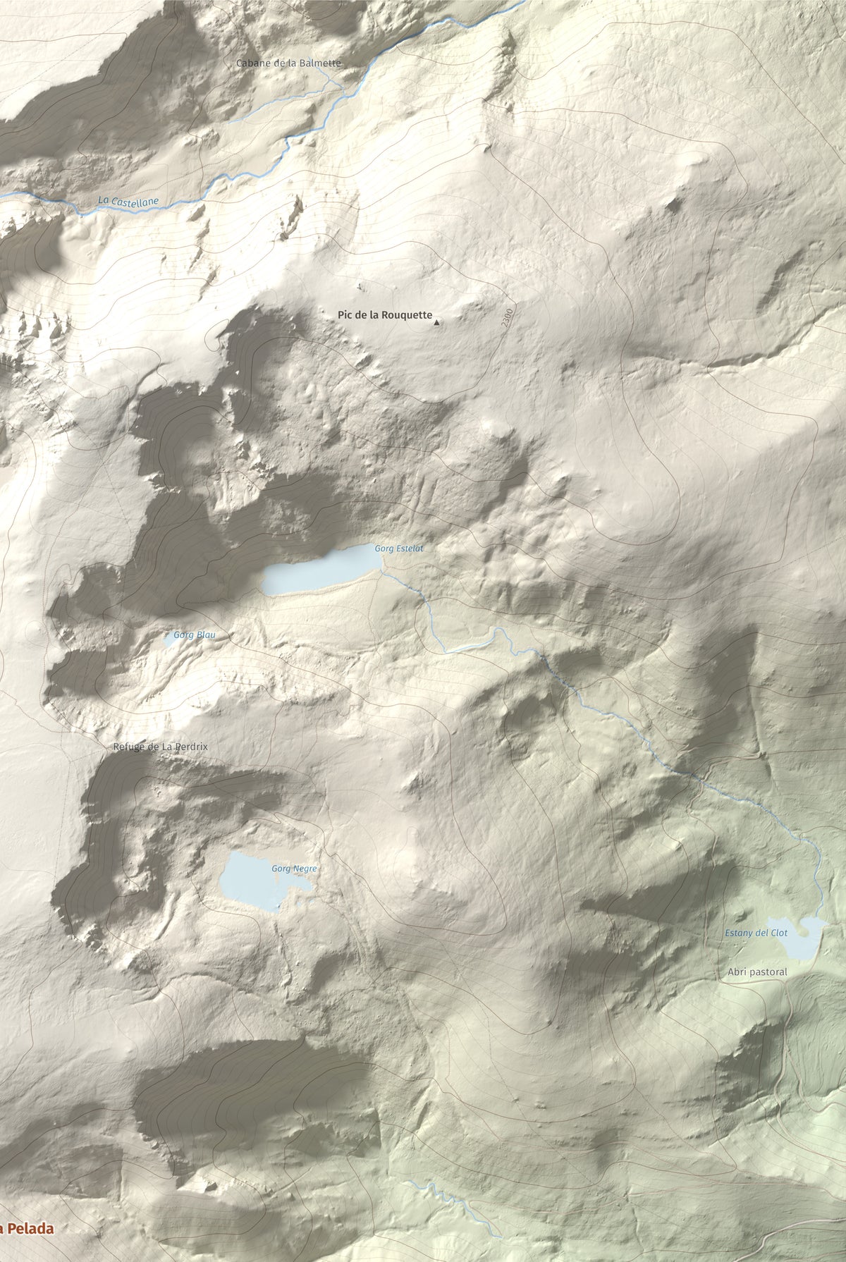 Mapa de relieve de Puig de la Pelada, 2370 m, Conflent, lámina 100 Cims de Trobart. Detalle de la zona superior derecha. 61 × 91 cm.