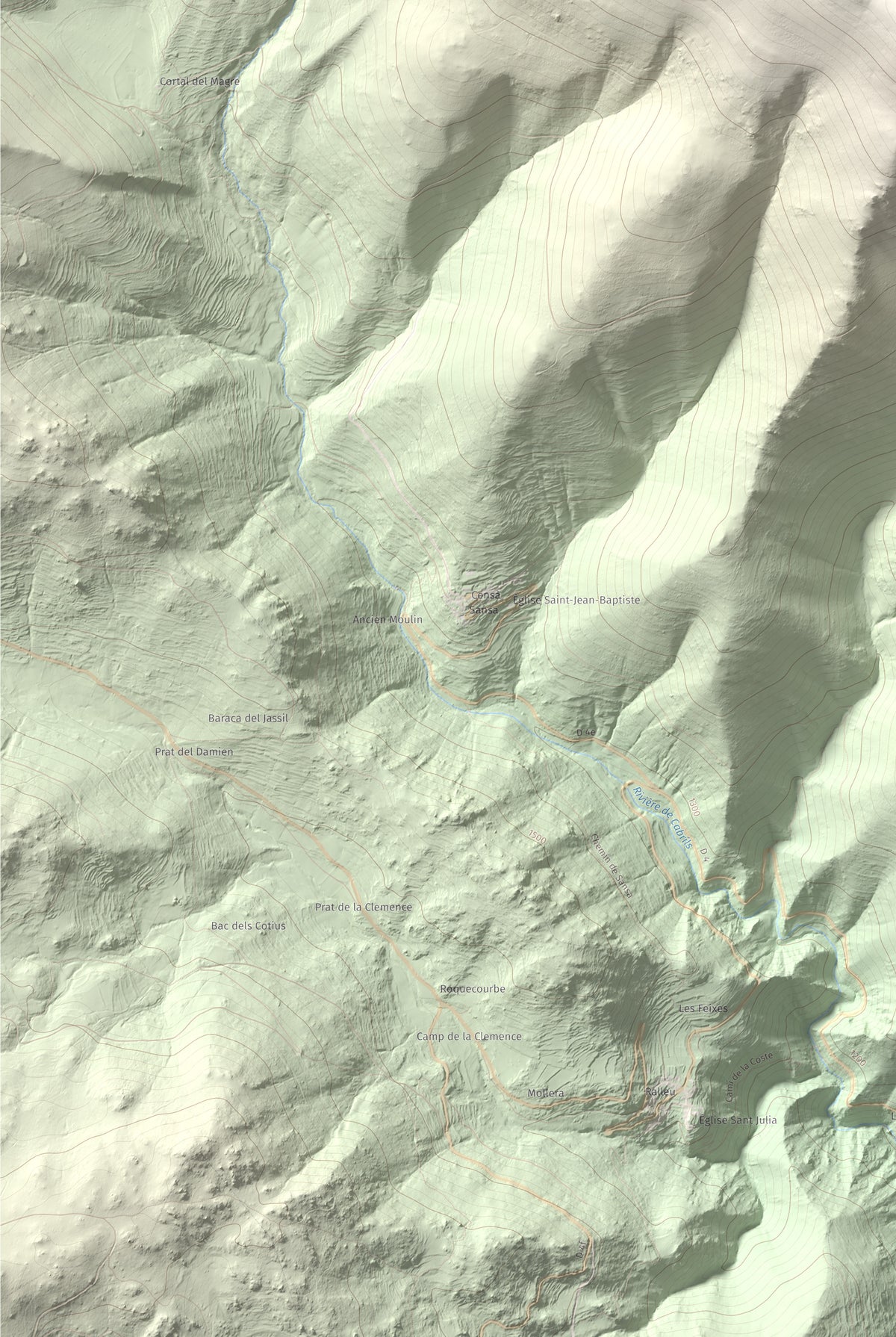 Mapa de relieve de Puig de la Pelada, 2370 m, Conflent, lámina 100 Cims de Trobart. Detalle de la zona inferior izquierda. 61 × 91 cm.