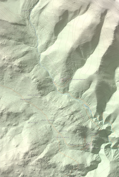 Mapa de relieve de Puig de la Pelada, 2370 m, Conflent, lámina 100 Cims de Trobart. Detalle de la zona inferior izquierda. 61 × 91 cm.