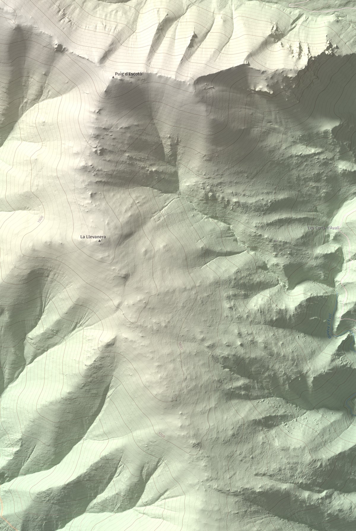 Mapa de relieve de Puig de la Pelada, 2370 m, Conflent, lámina 100 Cims de Trobart. Detalle de la zona inferior derecha. 61 × 91 cm.