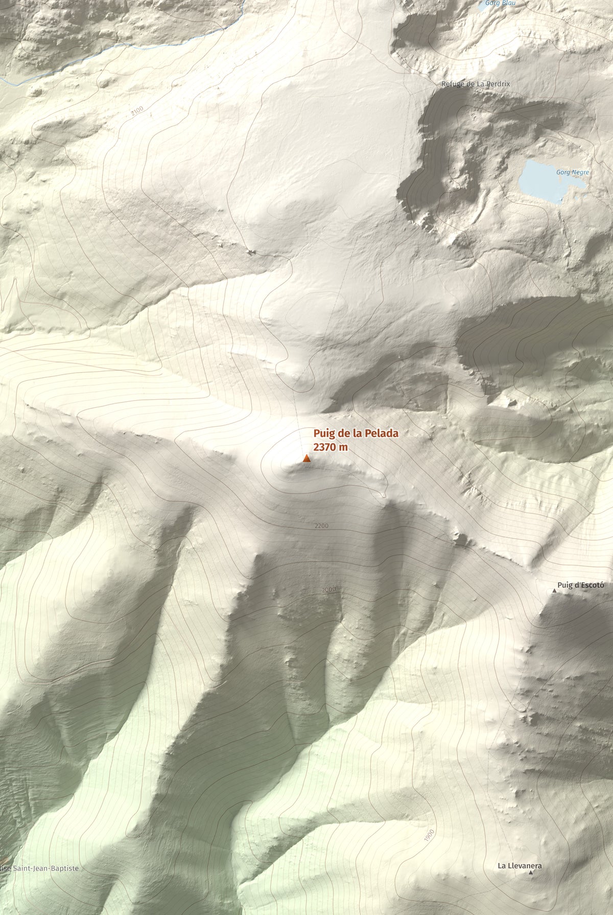Mapa de relieve de Puig de la Pelada, 2370 m, Conflent, lámina 100 Cims de Trobart. Detalle de la zona central. 61 × 91 cm.