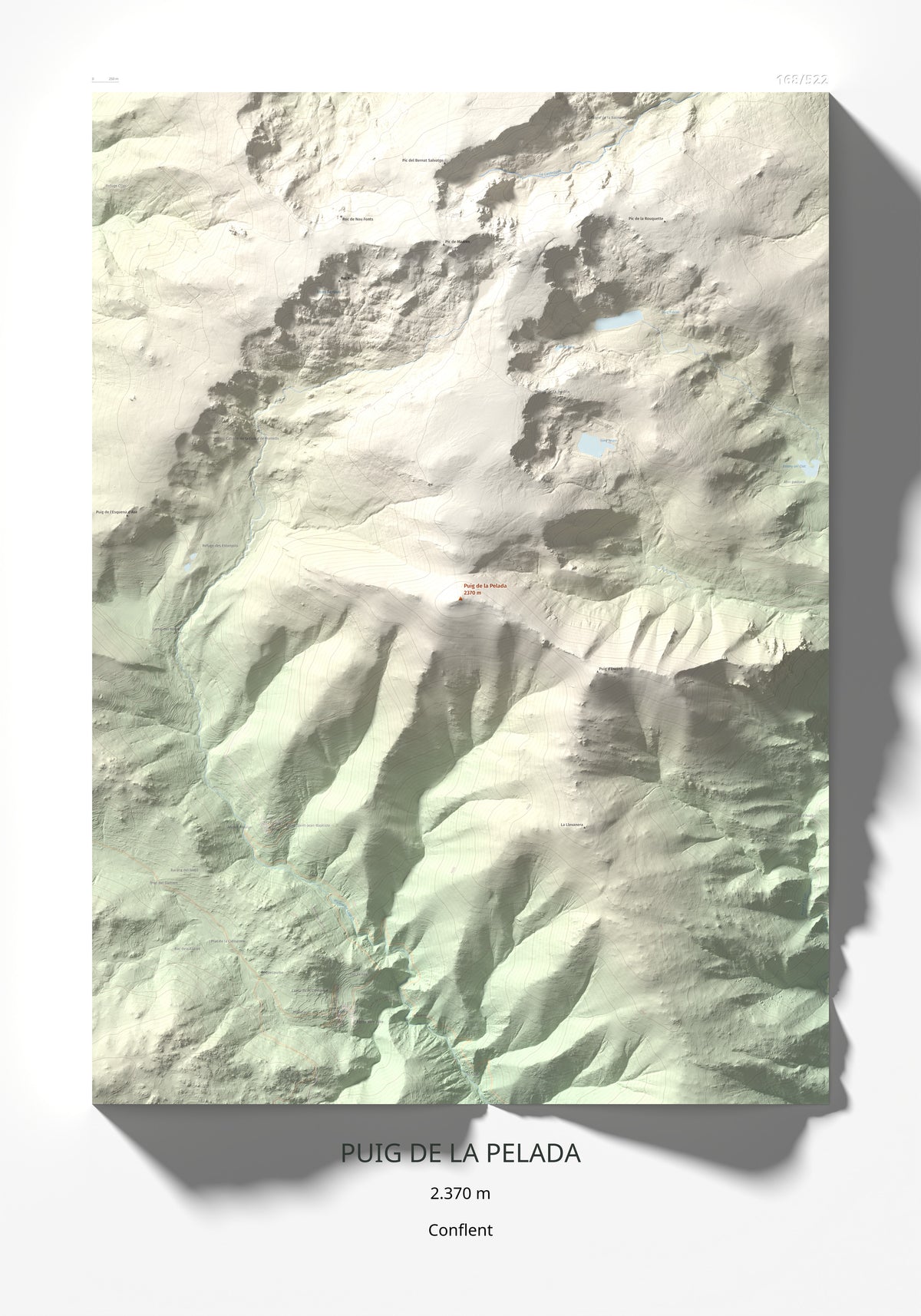 Mapa de relieve de Puig de la Pelada, 2370 m, Conflent, lámina 100 Cims de Trobart 70 × 100 cm.
