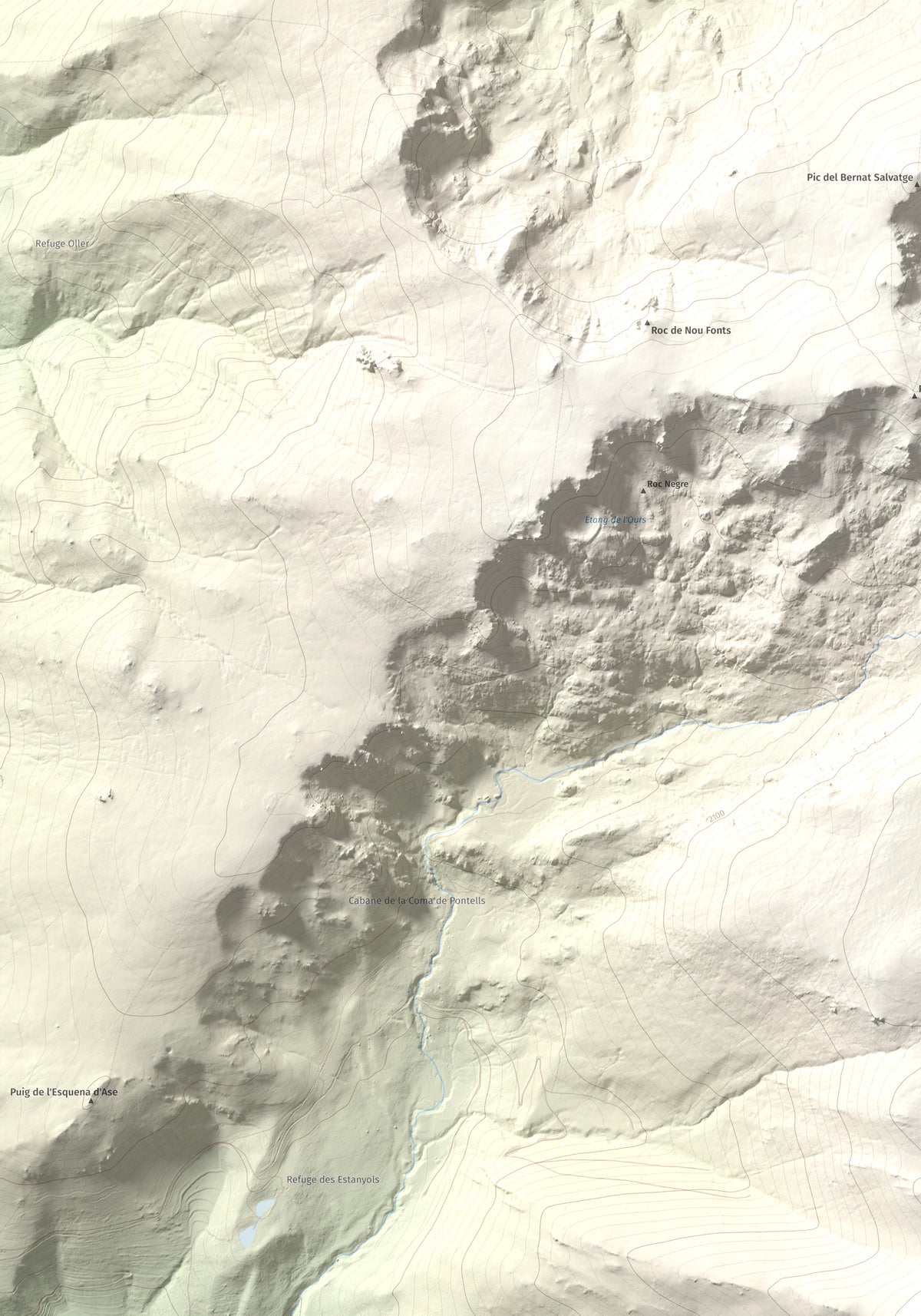 Mapa de relieve de Puig de la Pelada, 2370 m, Conflent, lámina 100 Cims de Trobart. Detalle de la zona superior izquierda. 70 × 100 cm.