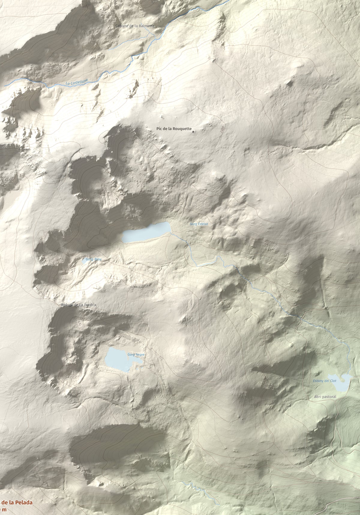 Mapa de relieve de Puig de la Pelada, 2370 m, Conflent, lámina 100 Cims de Trobart. Detalle de la zona superior derecha. 70 × 100 cm.