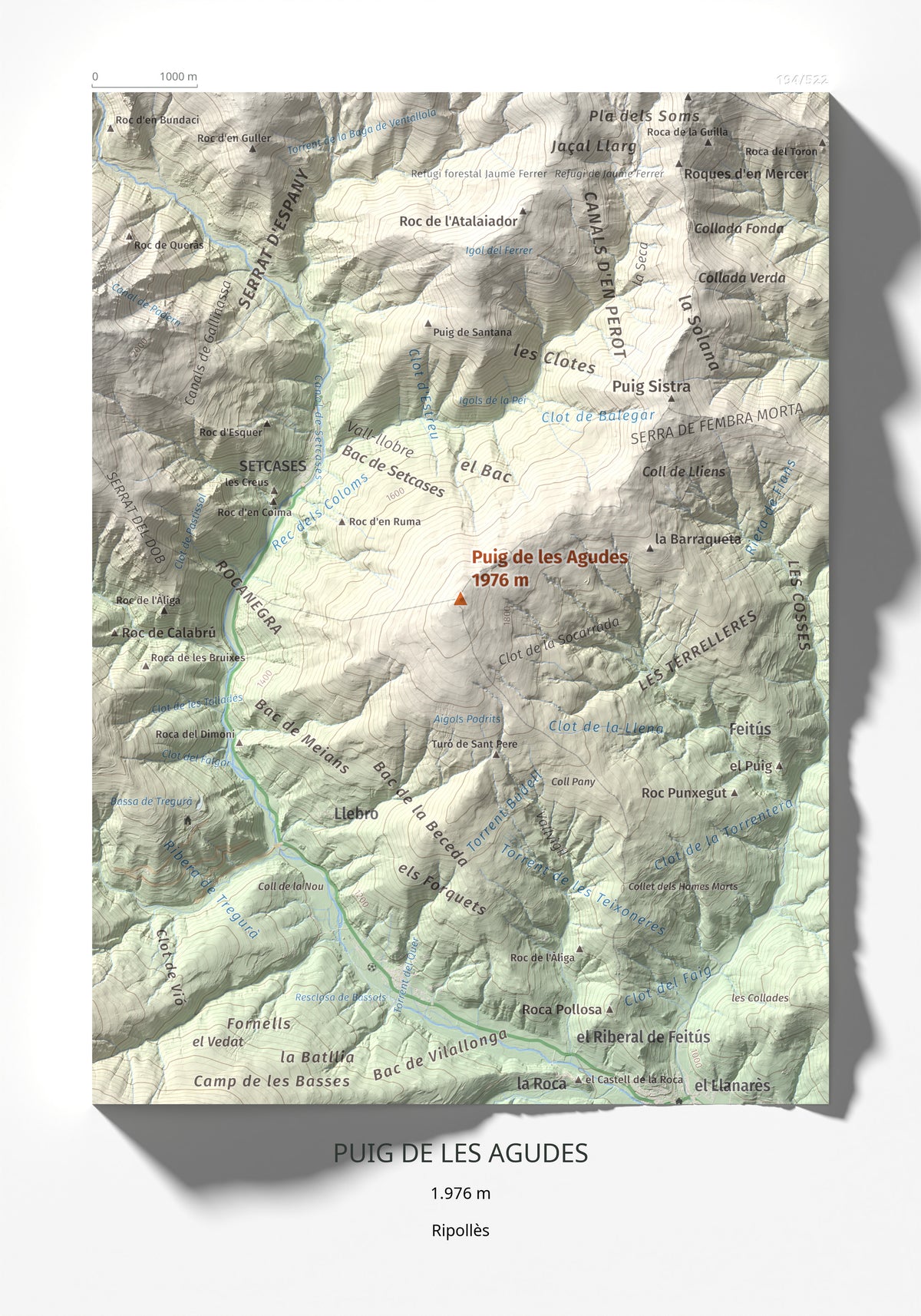 Mapa de relieve de Puig de les Agudes, 1976 m, Ripollès, lámina 100 Cims de Trobart 21 × 30 cm.