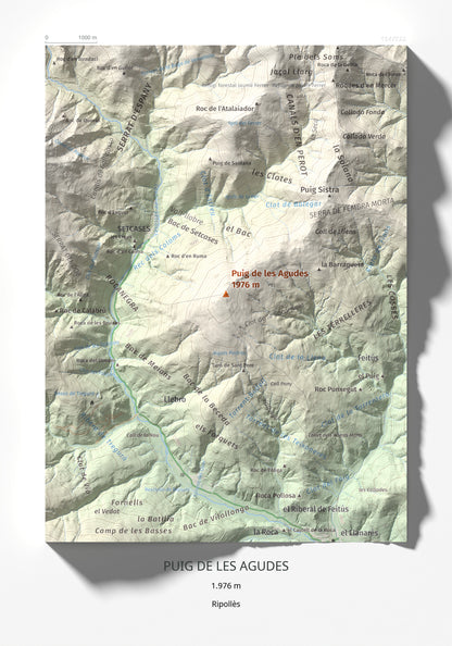 Mapa de relieve de Puig de les Agudes, 1976 m, Ripollès, lámina 100 Cims de Trobart 21 × 30 cm.