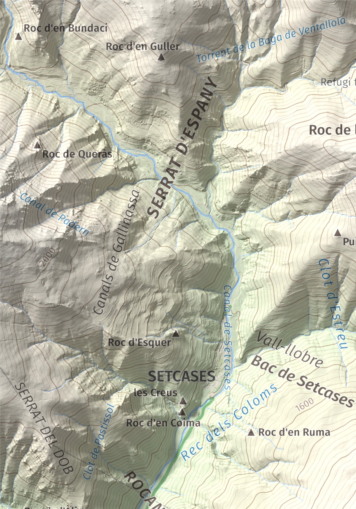 Mapa de relieve de Puig de les Agudes, 1976 m, Ripollès, lámina 100 Cims de Trobart. Detalle de la zona superior izquierda. 21 × 30 cm.