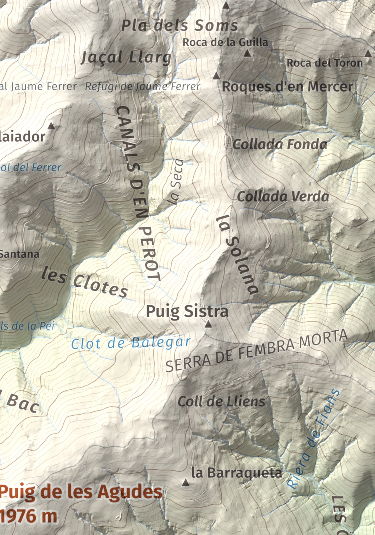 Mapa de relieve de Puig de les Agudes, 1976 m, Ripollès, lámina 100 Cims de Trobart. Detalle de la zona superior derecha. 21 × 30 cm.
