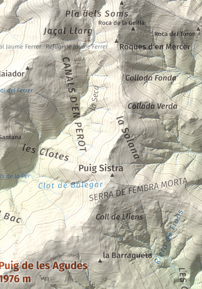 Mapa de relieve de Puig de les Agudes, 1976 m, Ripollès, lámina 100 Cims de Trobart. Detalle de la zona superior derecha. 21 × 30 cm.