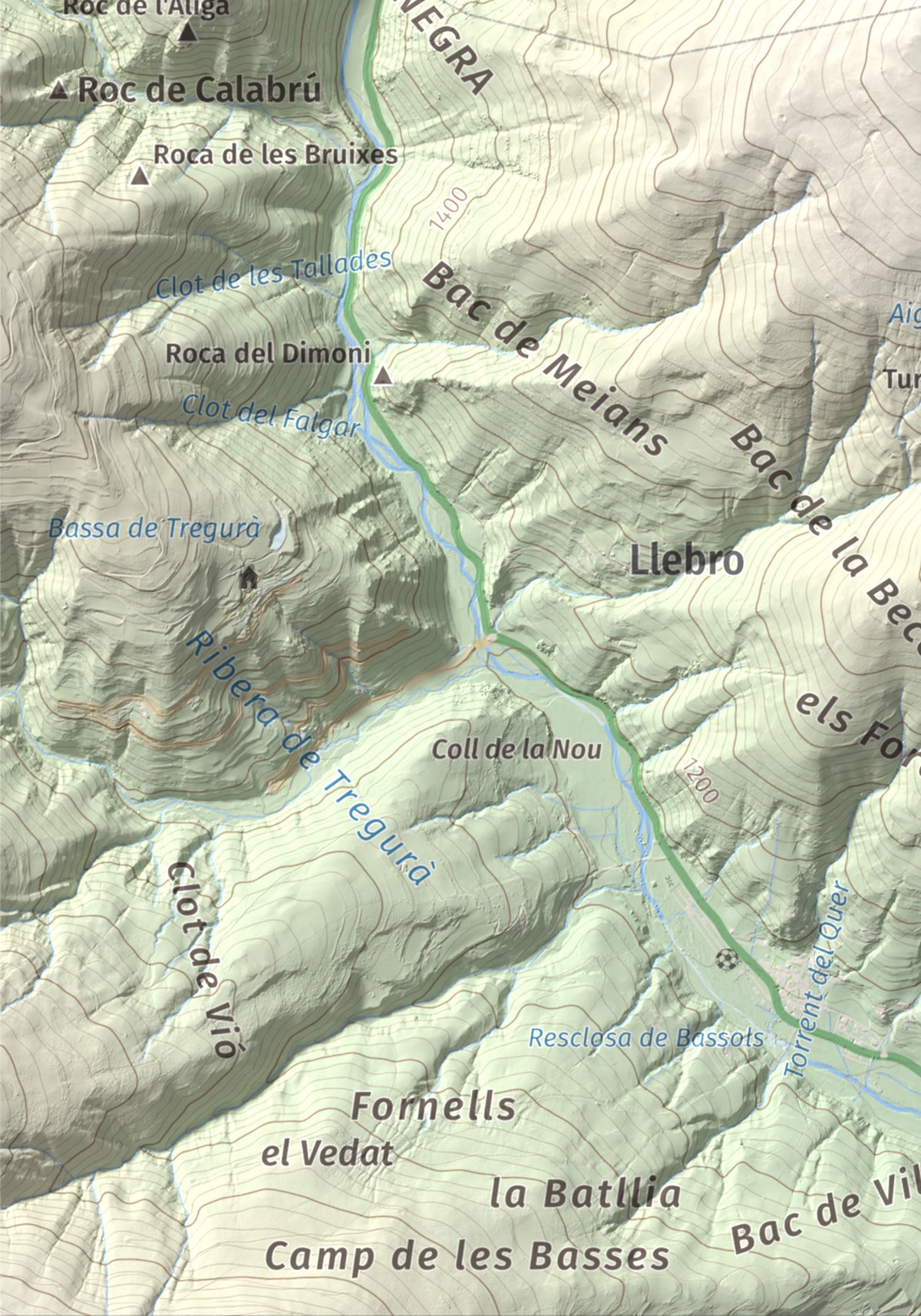 Mapa de relieve de Puig de les Agudes, 1976 m, Ripollès, lámina 100 Cims de Trobart. Detalle de la zona inferior izquierda. 21 × 30 cm.