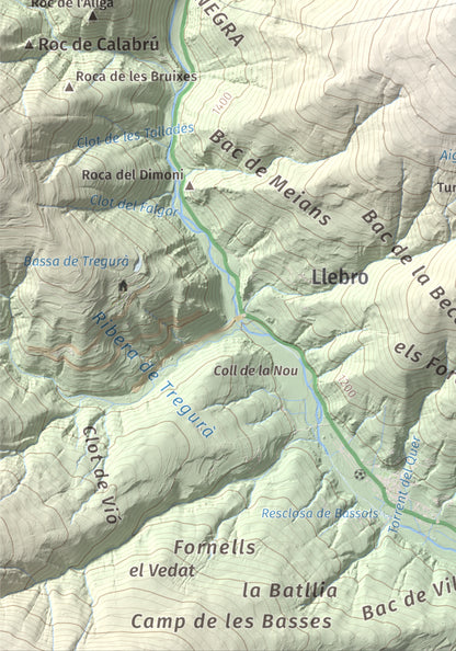 Mapa de relieve de Puig de les Agudes, 1976 m, Ripollès, lámina 100 Cims de Trobart. Detalle de la zona inferior izquierda. 21 × 30 cm.