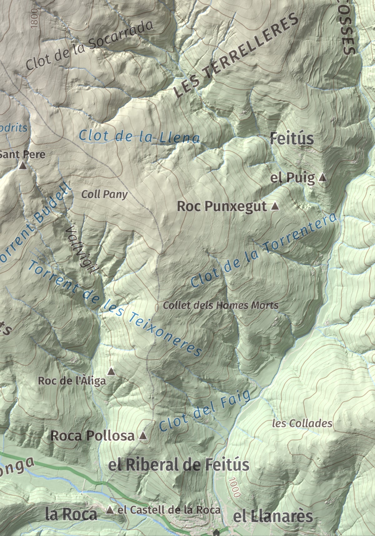 Mapa de relieve de Puig de les Agudes, 1976 m, Ripollès, lámina 100 Cims de Trobart. Detalle de la zona inferior derecha. 21 × 30 cm.