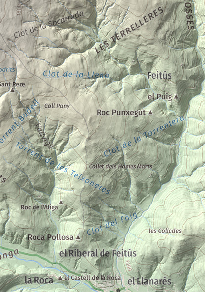 Mapa de relieve de Puig de les Agudes, 1976 m, Ripollès, lámina 100 Cims de Trobart. Detalle de la zona inferior derecha. 21 × 30 cm.
