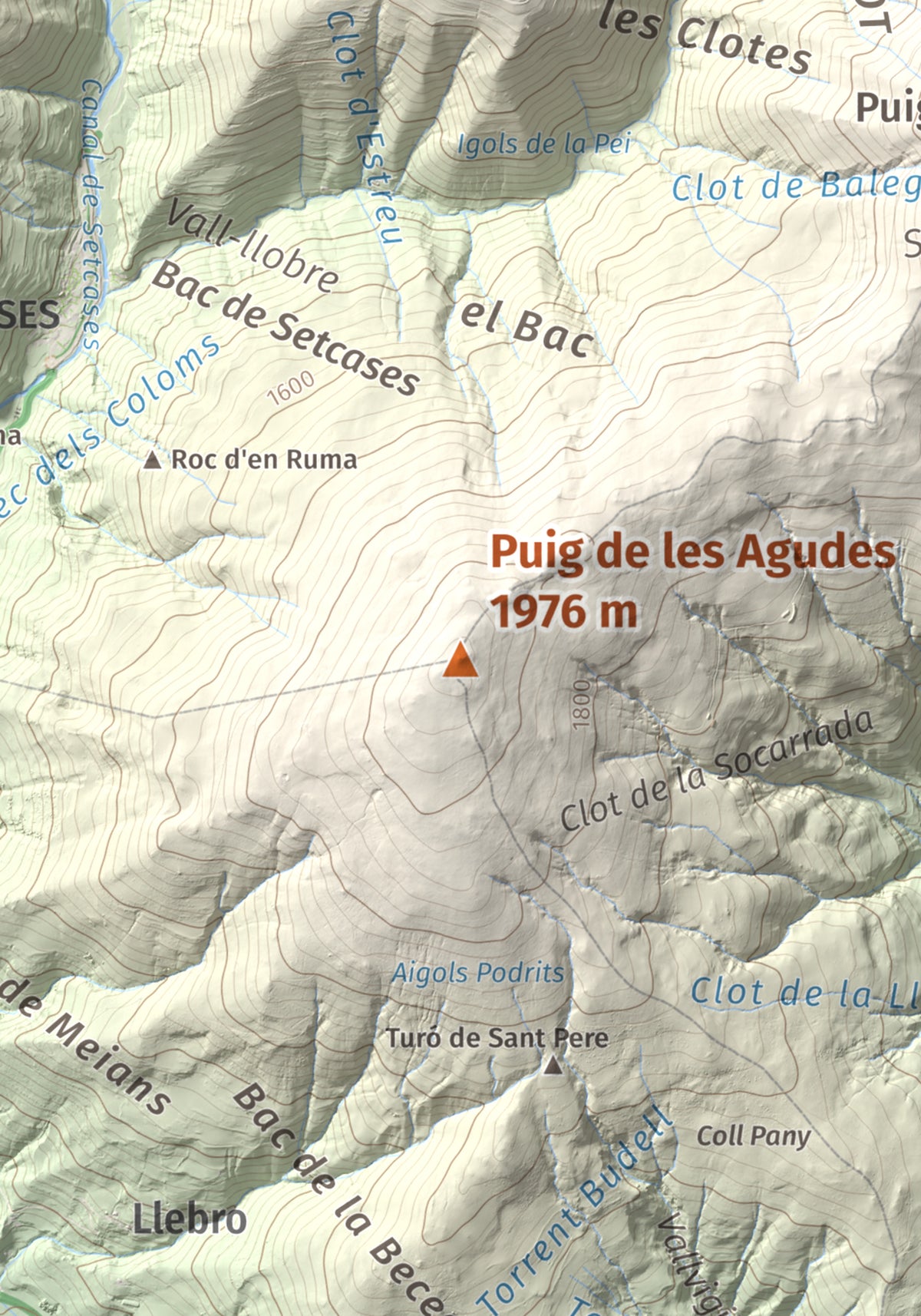 Mapa de relieve de Puig de les Agudes, 1976 m, Ripollès, lámina 100 Cims de Trobart. Detalle de la zona central. 21 × 30 cm.