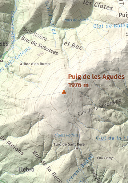 Mapa de relieve de Puig de les Agudes, 1976 m, Ripollès, lámina 100 Cims de Trobart. Detalle de la zona central. 21 × 30 cm.