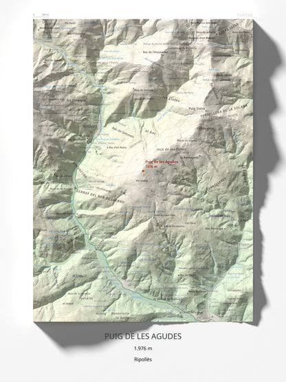 Mapa de relieve de Puig de les Agudes, 1976 m, Ripollès, lámina 100 Cims de Trobart 30 × 40 cm.
