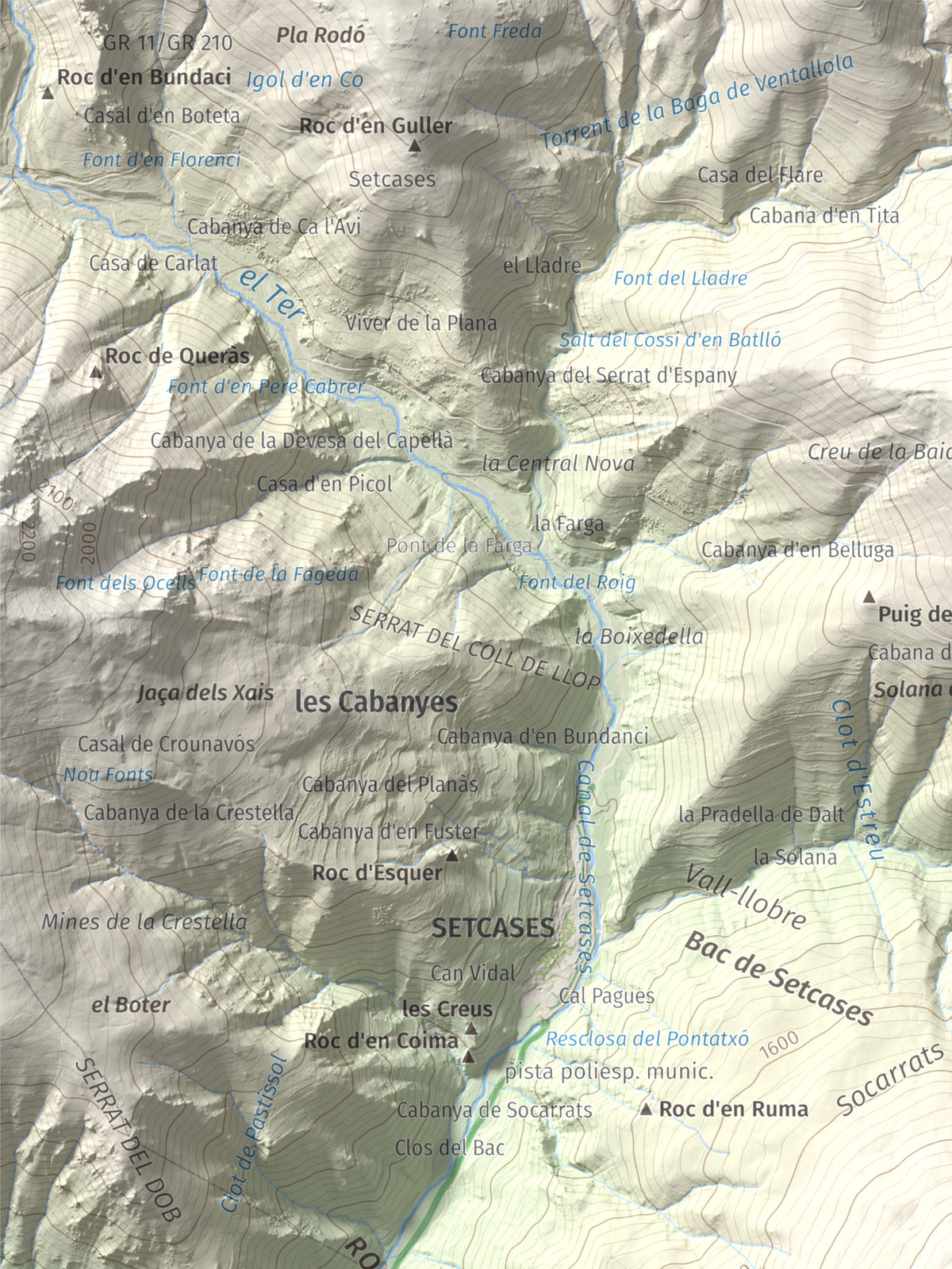 Mapa de relieve de Puig de les Agudes, 1976 m, Ripollès, lámina 100 Cims de Trobart. Detalle de la zona superior izquierda. 30 × 40 cm.