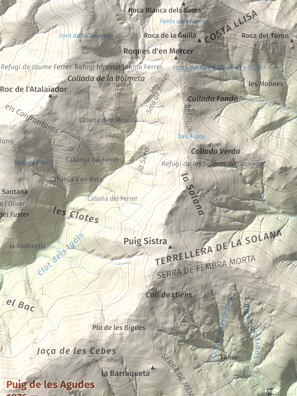 Mapa de relieve de Puig de les Agudes, 1976 m, Ripollès, lámina 100 Cims de Trobart. Detalle de la zona superior derecha. 30 × 40 cm.