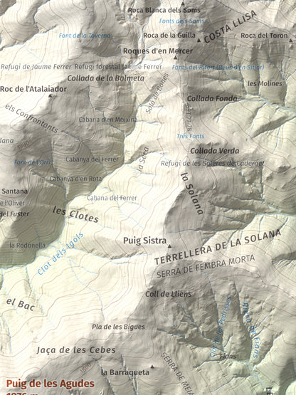 Mapa de relieve de Puig de les Agudes, 1976 m, Ripollès, lámina 100 Cims de Trobart. Detalle de la zona superior derecha. 30 × 40 cm.